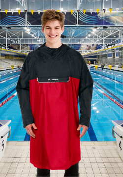 poncho cape red public swimming pool